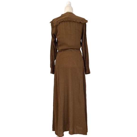 Diega Fringe Boho Dress Button Front Viscose Wool Maxi Self Tie Western Inspired - Picture 6 of 12